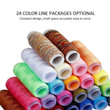 Assorted colorful spools of thread stacked on a white background with text about color options and compact design.