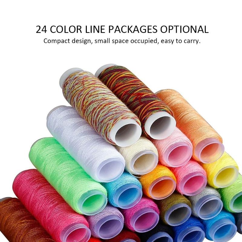 Assorted colorful spools of thread stacked on a white background with text about color options and compact design.