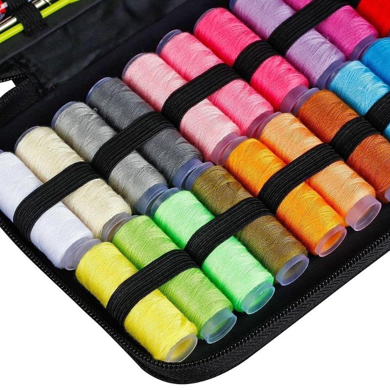 Set of colorful spools of thread in a black case