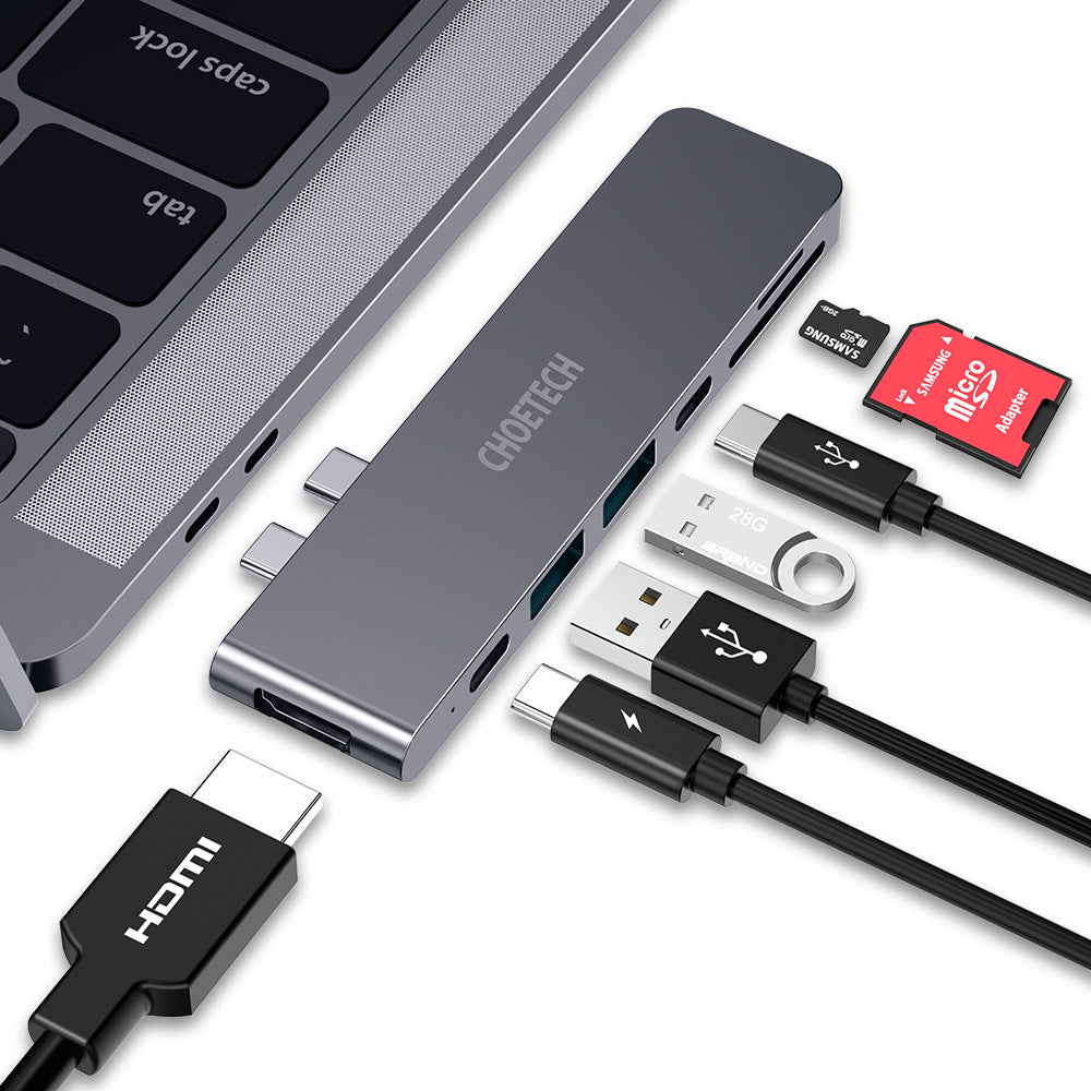 CHOETECH USB-C hub with various cables and cards on a white background