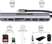 USB-C adapter with various ports and connectors on a white background