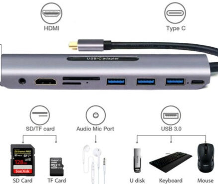 USB-C adapter with various ports and connectors on a white background