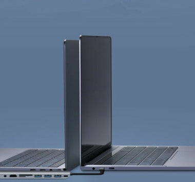 Two open laptops on a blue background