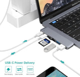 Laptop with USB-C hub connected to a device, showing USB-C power delivery.