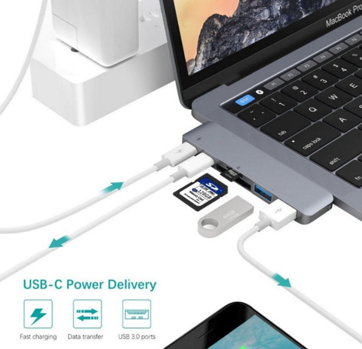 Laptop with USB-C hub connected to a device, showing USB-C power delivery.
