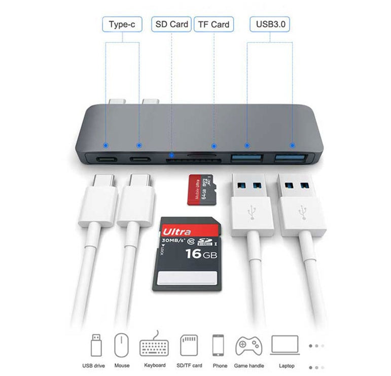 Multifunctional USB hub with various ports and cables on a white background