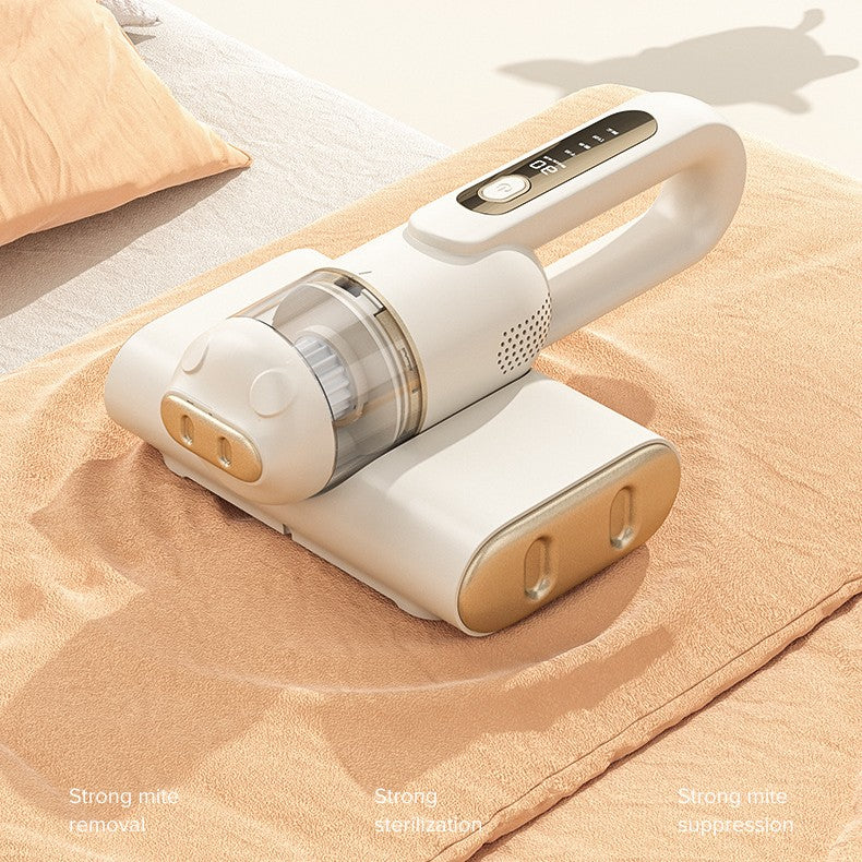 Handheld vacuum cleaner on a bed with text indicating features