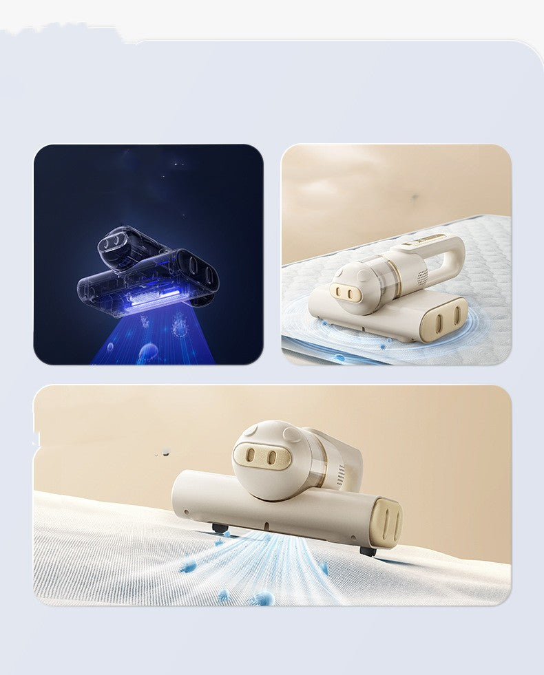 Collage of a vacuum cleaner head and attachments on a light blue background