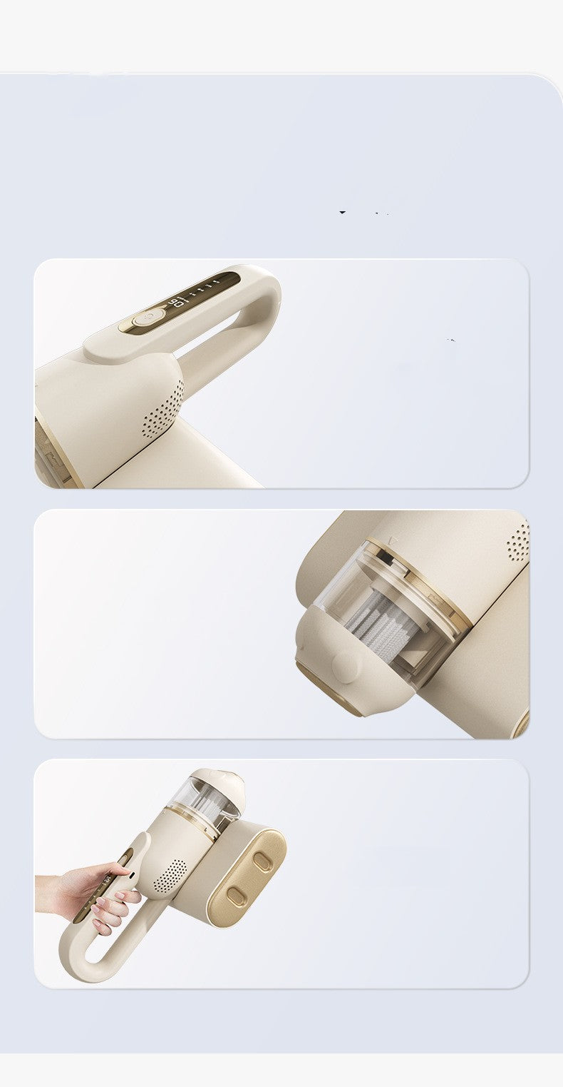 Collage of a handheld vacuum cleaner with close-up details on a light blue background