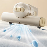 Cleaning device with a beige handle and white top, cleaning a surface with animated blue germs being eliminated.
