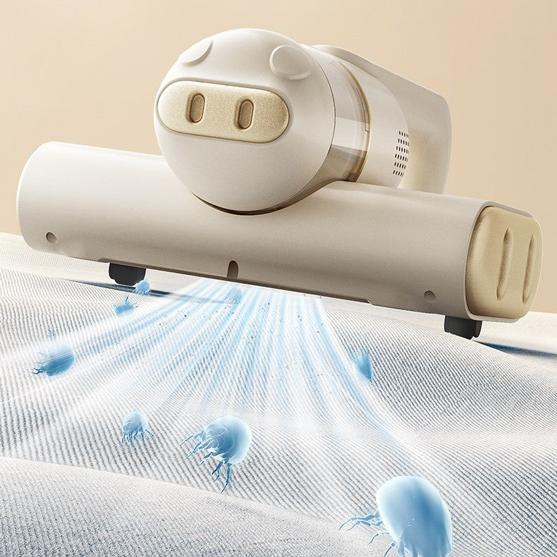 Cleaning device with a beige handle and white top, cleaning a surface with animated blue germs being eliminated.