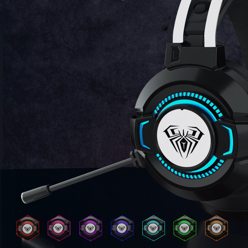 Gaming headset with illuminated logo on a dark background