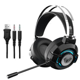 Gaming headset with microphone, USB and 3.5mm cables on a white background