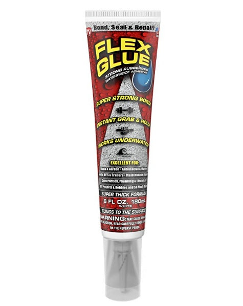 Tube of Flex Glue with red and white label on a white background