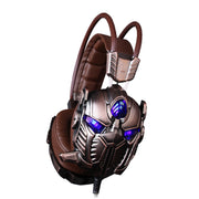 Gaming headset with brown and metallic design on a white background