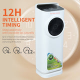 White air purifier with 12-hour intelligent timing feature on a beige background