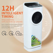 White air purifier with 12-hour intelligent timing feature on a beige background