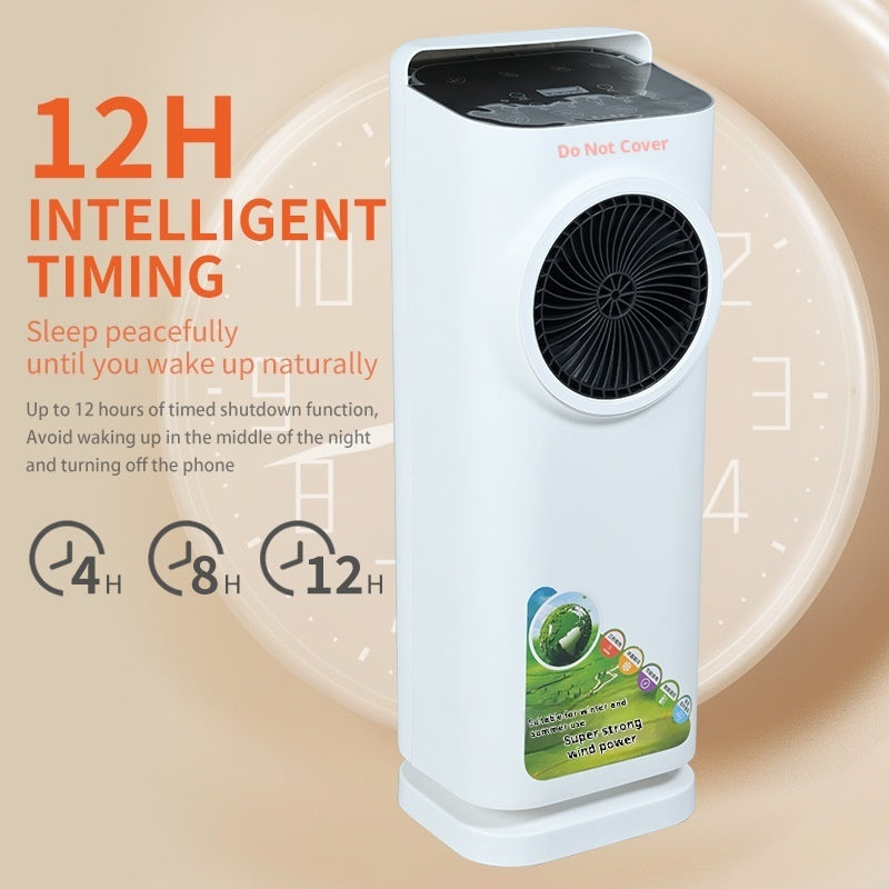 White air purifier with 12-hour intelligent timing feature on a beige background
