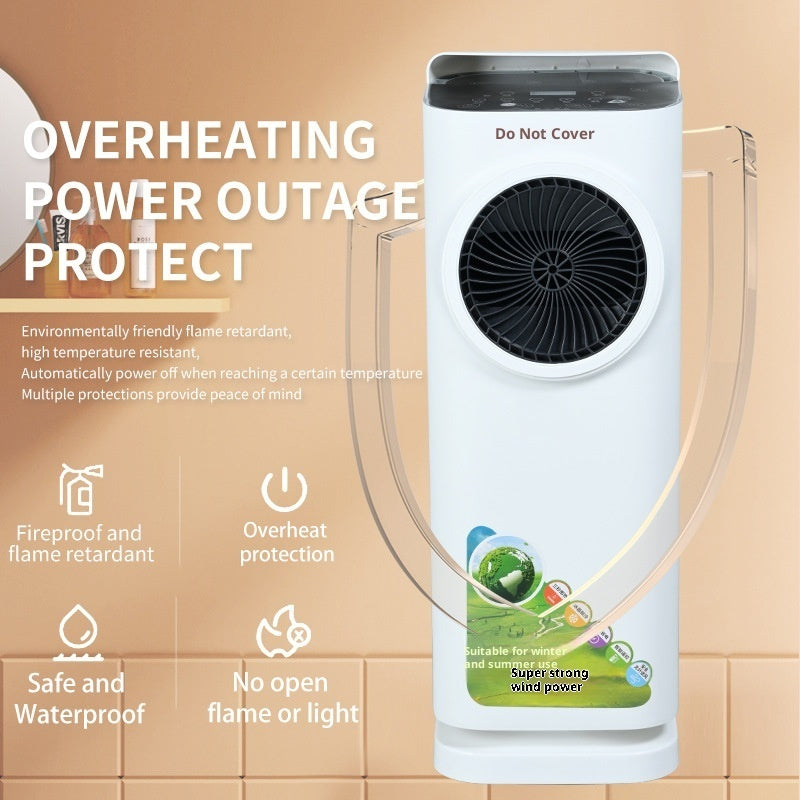 Portable air conditioner with features listed on a beige background