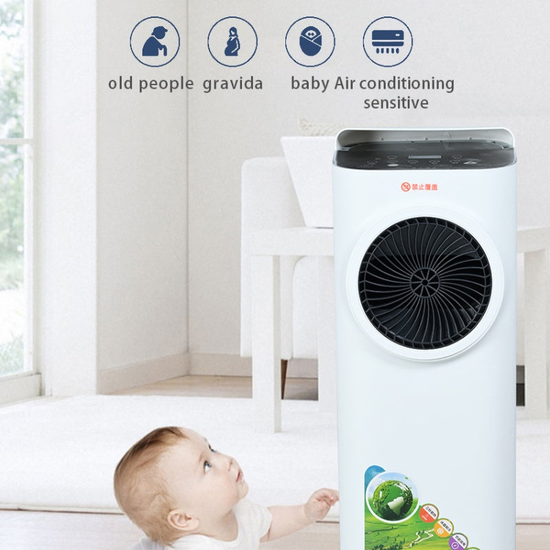 Portable air conditioner with baby and elderly icons on a white background