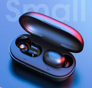 Wireless earbuds in a charging case on a blue background with 'Small' text.