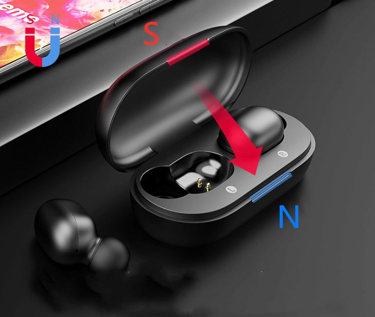 Black wireless earbuds with charging case on a dark background, showing magnetic attraction.