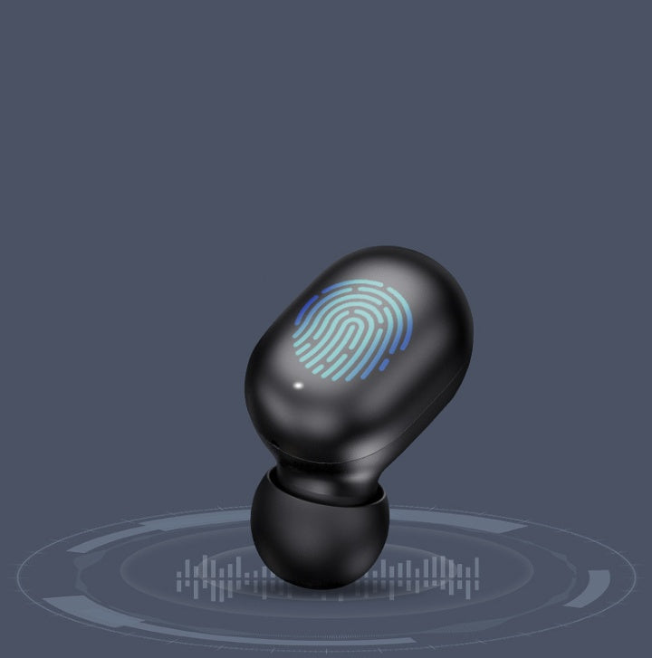 Black wireless earbud with fingerprint sensor on a dark gray background