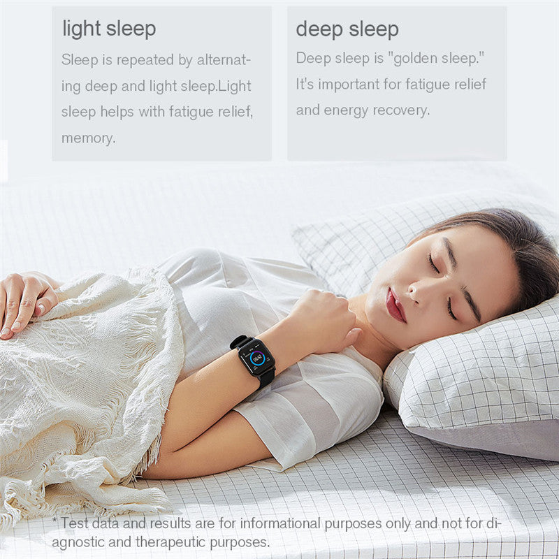 Woman sleeping with a smartwatch on, text about light and deep sleep.
