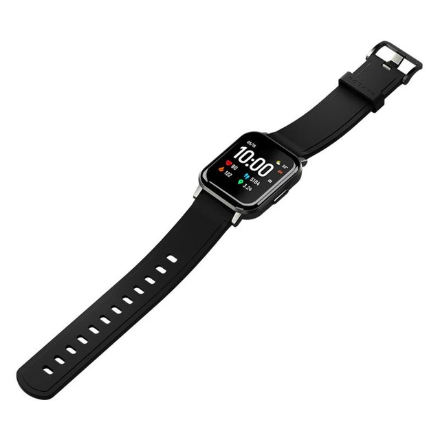 Black smartwatch with a digital display on a white background