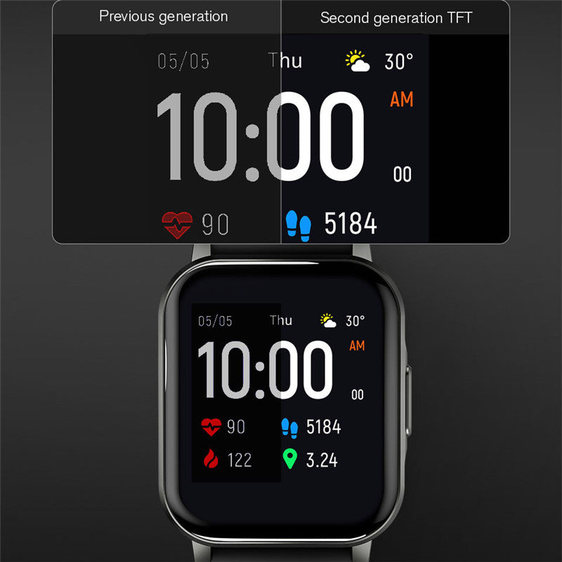 Smartwatch displaying screen with 'Previous generation' and 'Second generation TFT' text above it on a dark background.