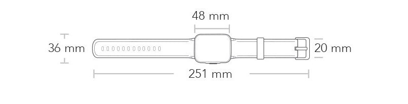 Measurement chart of a smartwatch band with dimensions labeled.