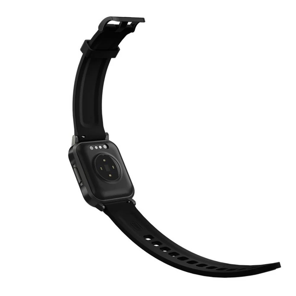 Black smartwatch with band on a white background