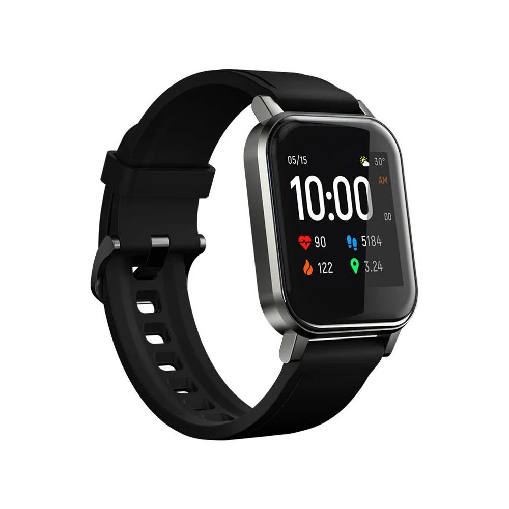 Black smartwatch with a black strap on a white background