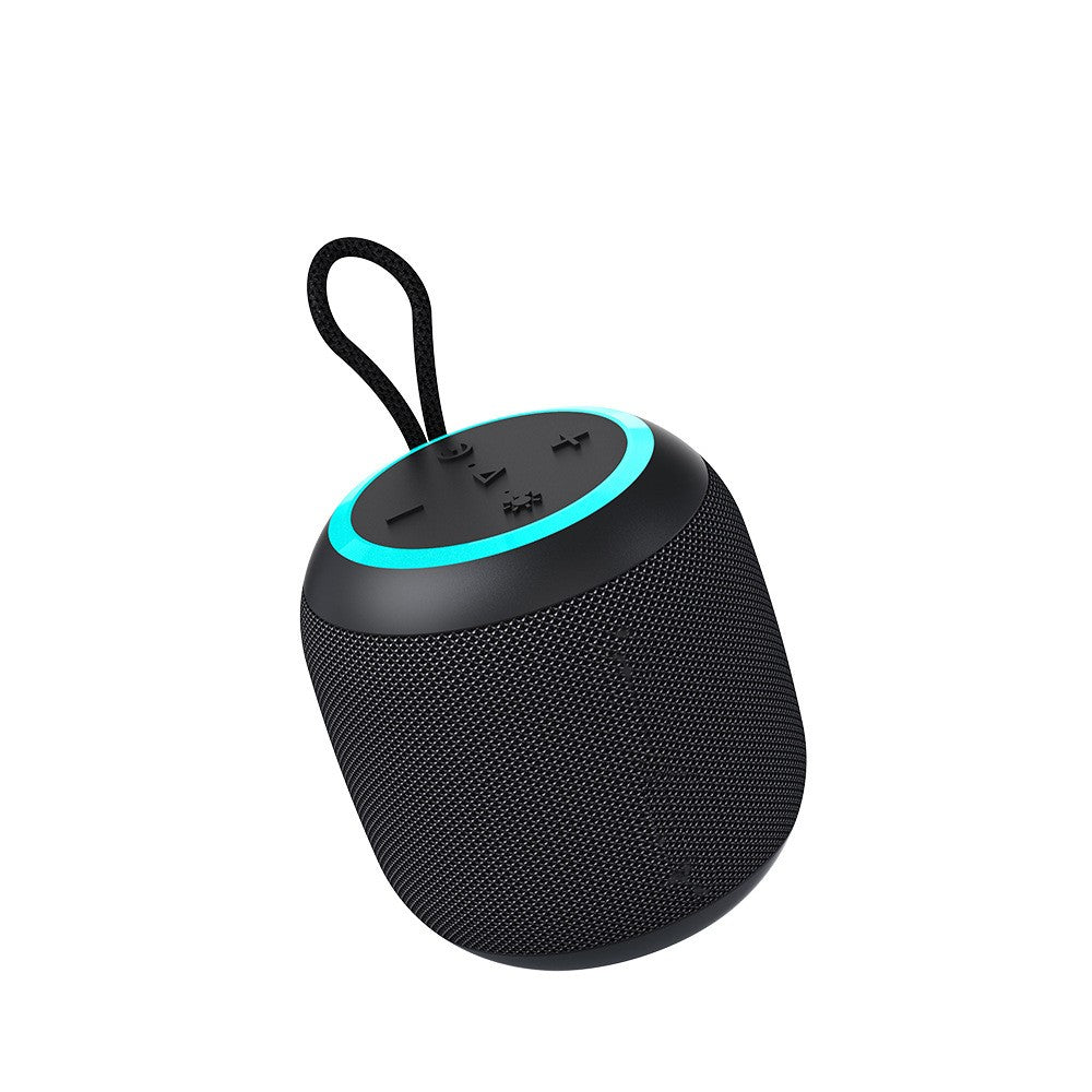 Black portable speaker with a blue accent on a white background