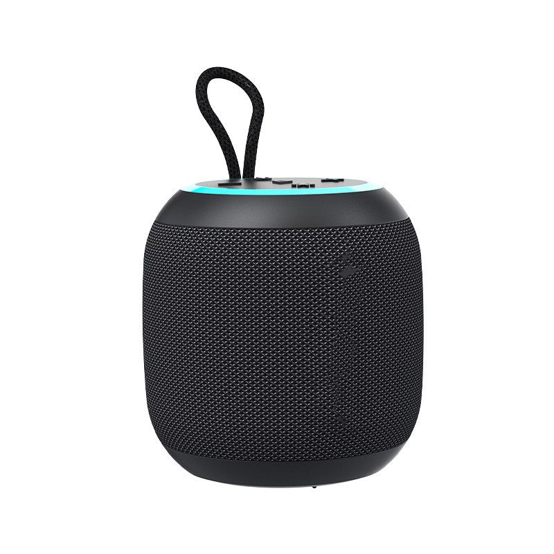 Black portable speaker with a textured surface on a white background