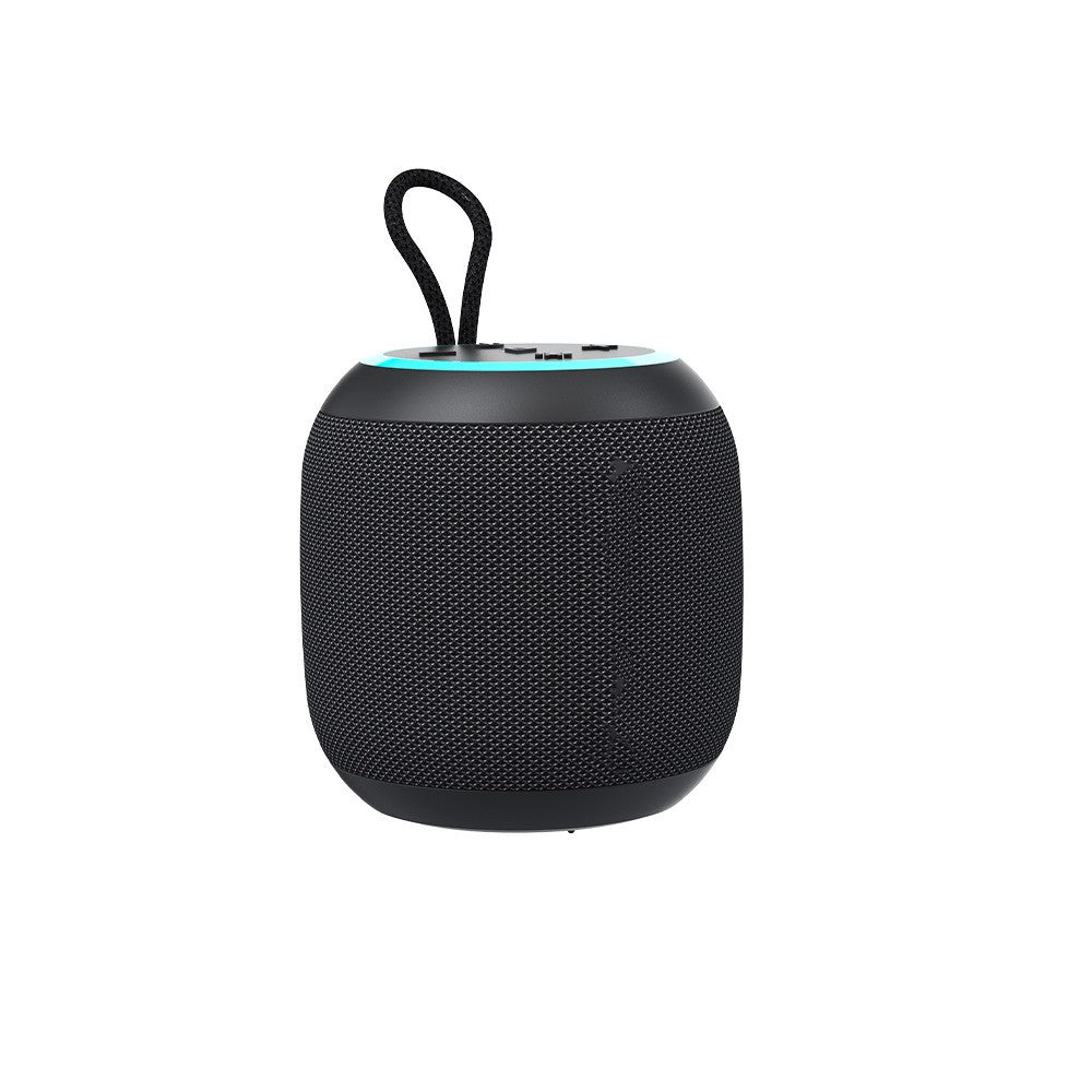 Black portable speaker with a handle on a white background