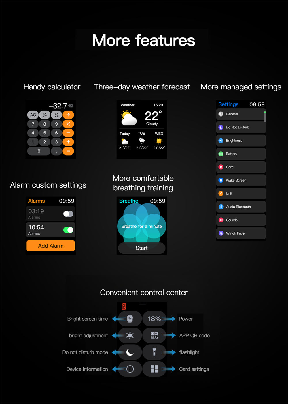 Smart device interface with calculator, weather forecast, alarm settings, and control center on a dark background.
