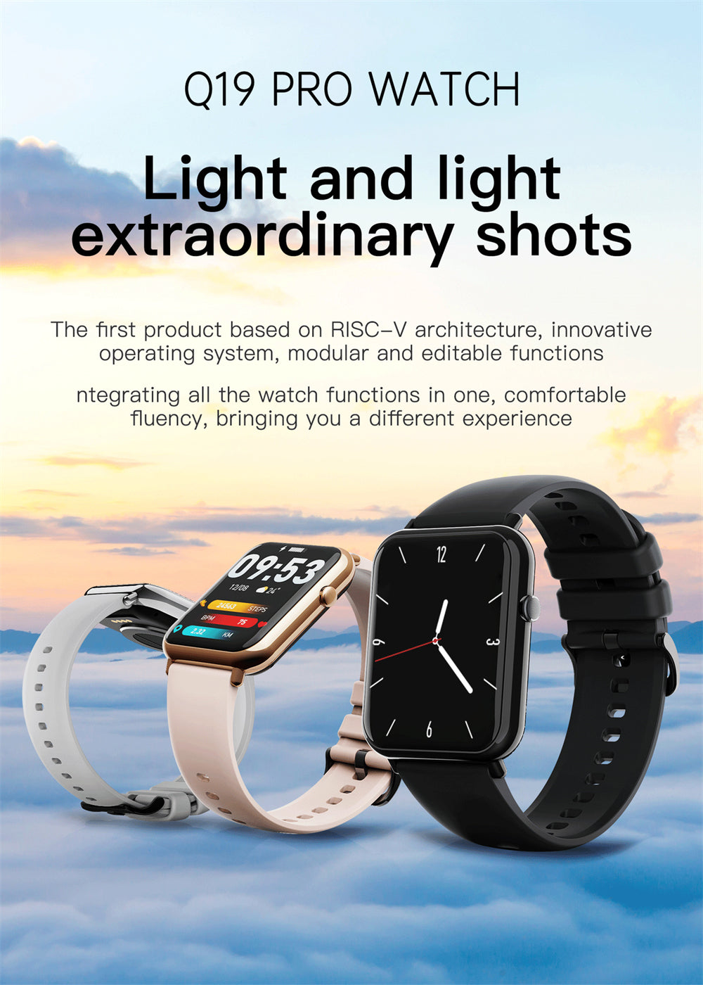 Two smartwatches with text about Q19 Pro Watch on a scenic background