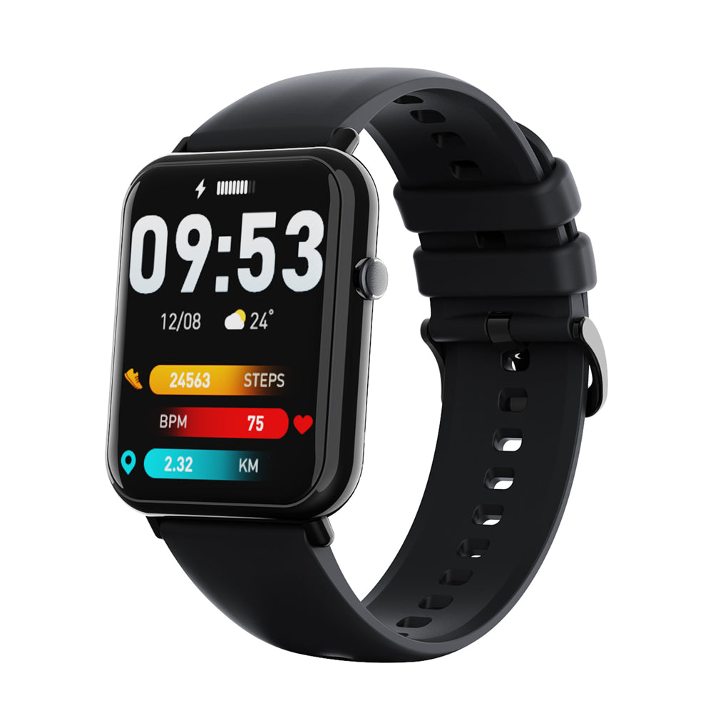Black smartwatch with a display showing time and fitness metrics on a white background