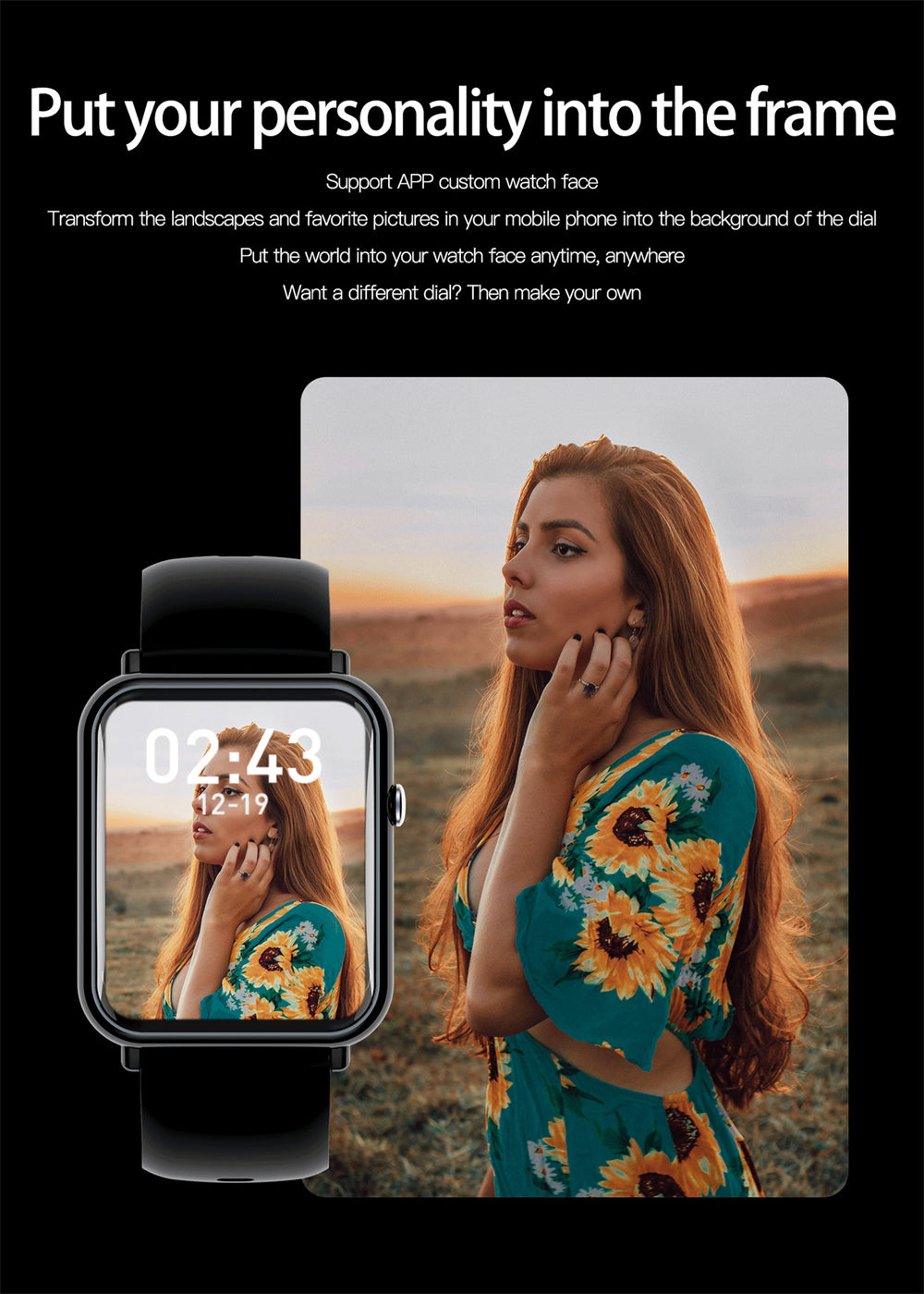 Smartwatch displaying a woman's face on its screen with text about customizable watch faces.