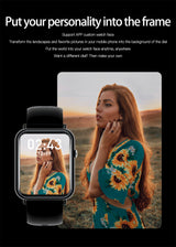 Smartwatch displaying a woman's face on its screen with text about customizable watch faces.