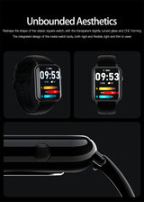 Smartwatch with digital display on a black background, featuring text about its design.