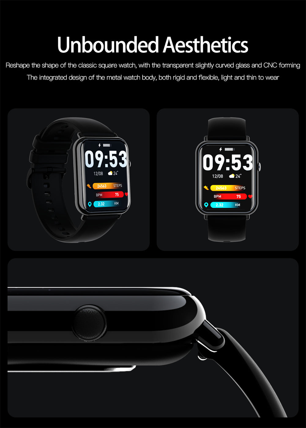 Smartwatch with digital display on a black background, featuring text about its design.