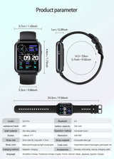 Smartwatch with dimensions and specifications on a white background