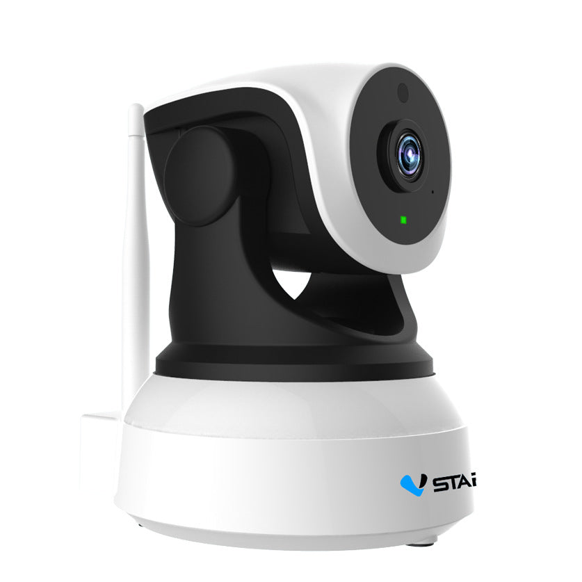 White and black security camera with a visible brand logo on a white background