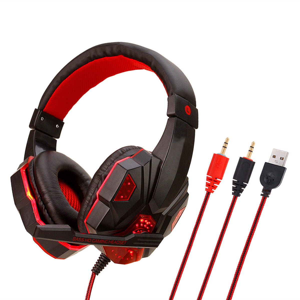 Black and red gaming headset with multiple cables on a white background