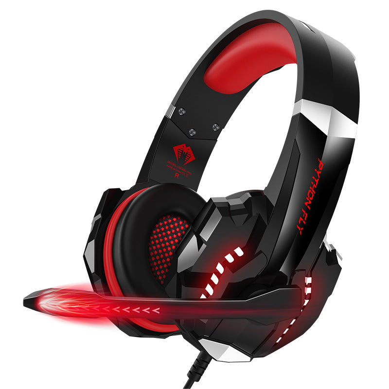 Black and red gaming headset with LED lights on a white background