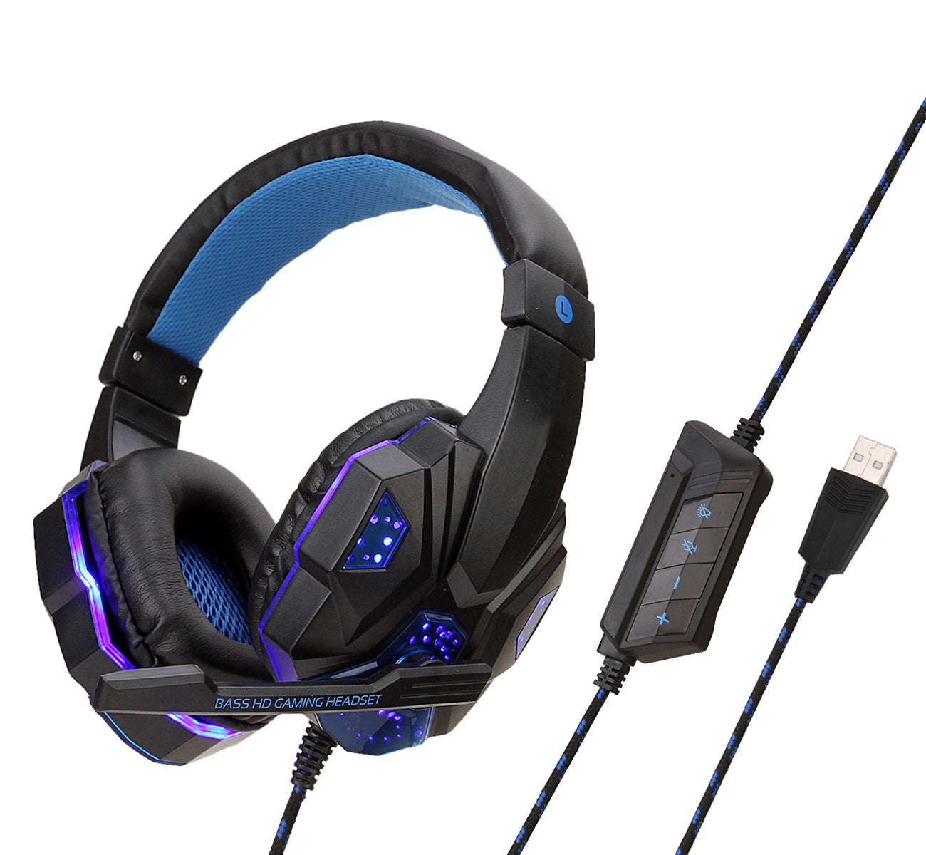 Gaming headset with microphone and USB cable on a white background