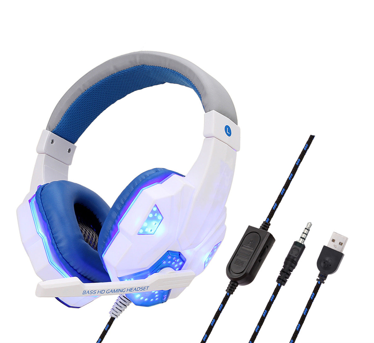 Gaming headset with blue and white colors, including a cable and USB connector on a white background.