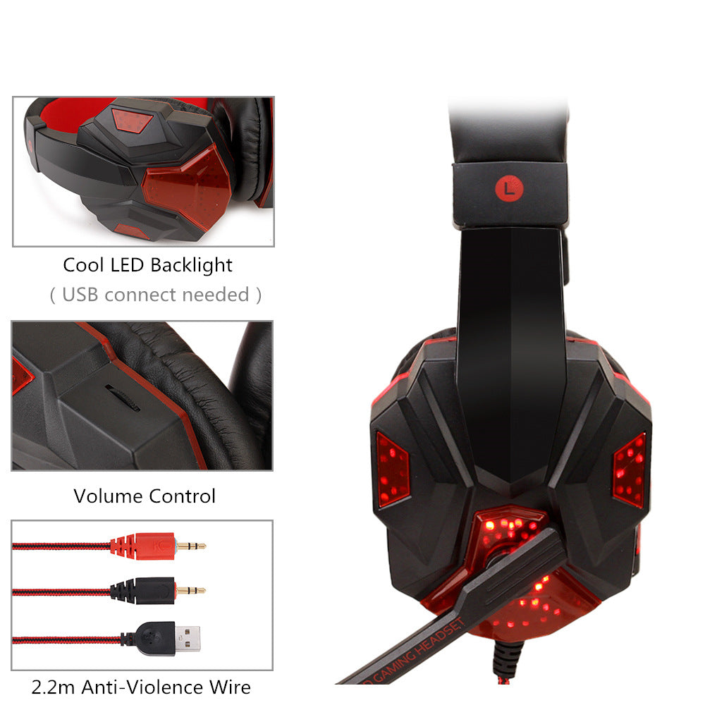 Gaming headset with LED backlight, volume control, and anti-violence wire on a white background
